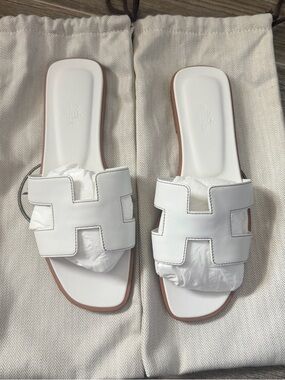 Hermes White Oran Slide Sandals